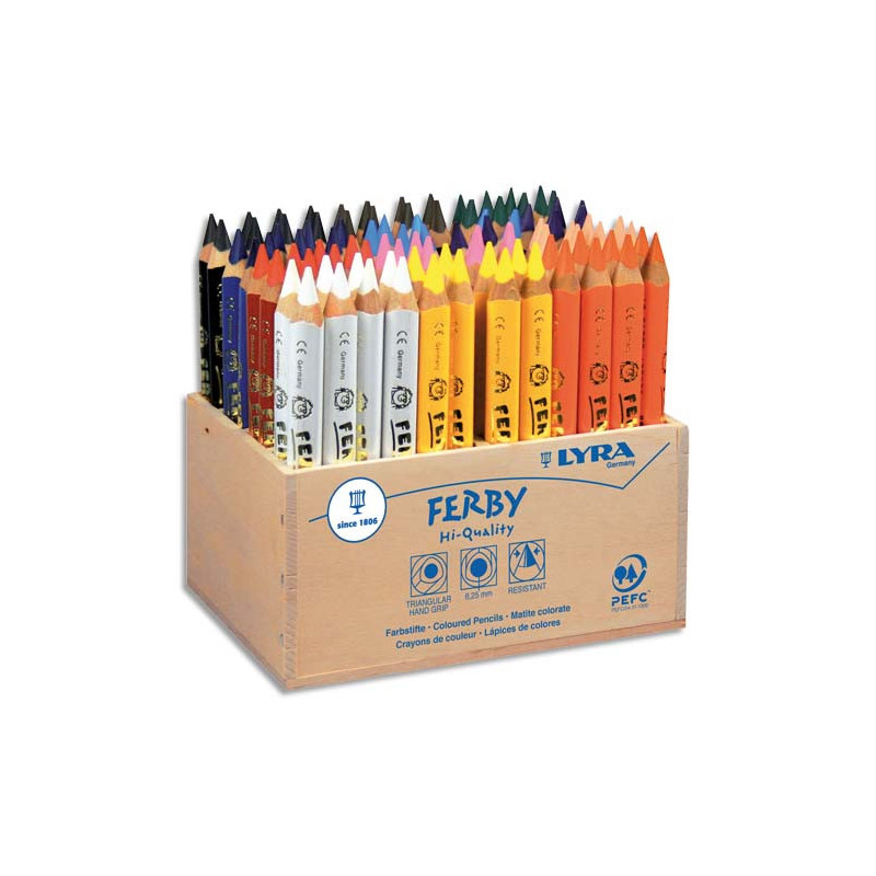 LYRA Présentoir en bois contenant 96 crayons de couleur triangulaires mine 6,25 mm Ferby assortis