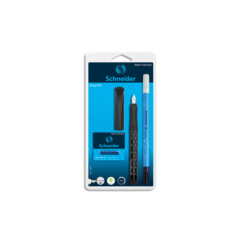 SCHNEIDER Set stylo plume Easy Bleu + 1 effaceur réécriveur + 5 cartouches standards, encre Bleue