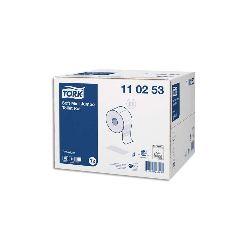 TORK Colis de 12 Bobines Papier toilette Mini Jumbo Premium doux 2 plis L170 m x D18 cm Blanc logo Bleu