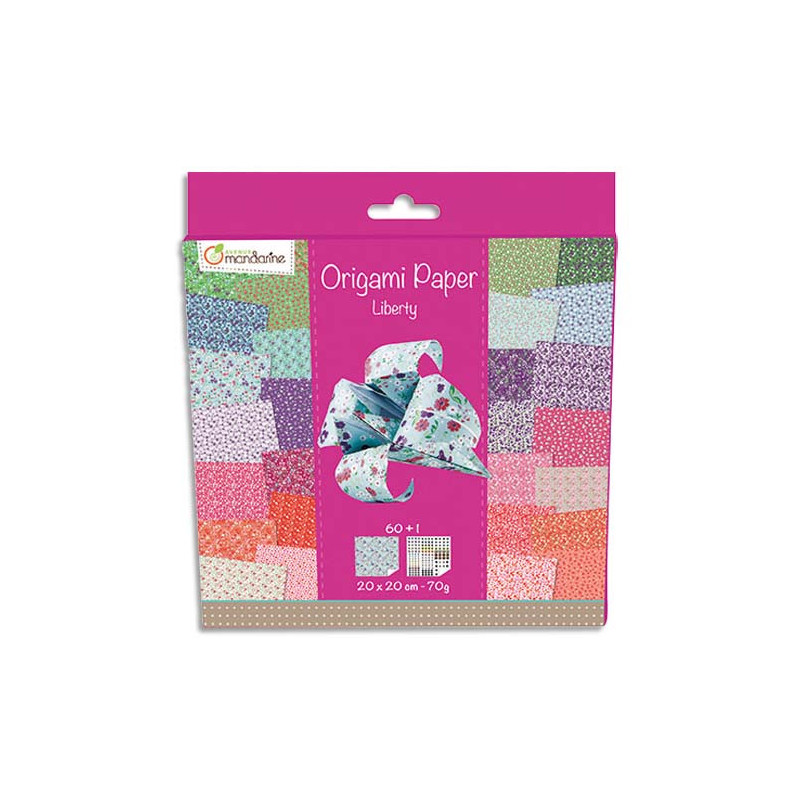 AVENUE MANDARINE Pochette de 60 feuilles origami 20x20cm, 70g, recto-verso + 1 planche stickers yeux