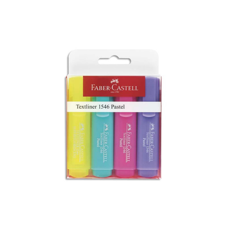 FABER CASTELL Pochette de 4 Surligneurs Textliner 1546, pointe feutre biseautée. Coloris pastel assortis.