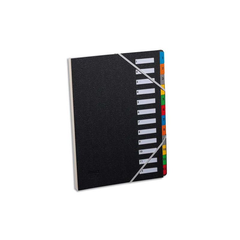 EXTENDOS Trieur numérique à élastique en celloderme. 12 compartiments. Coloris Noir, touches assorties.