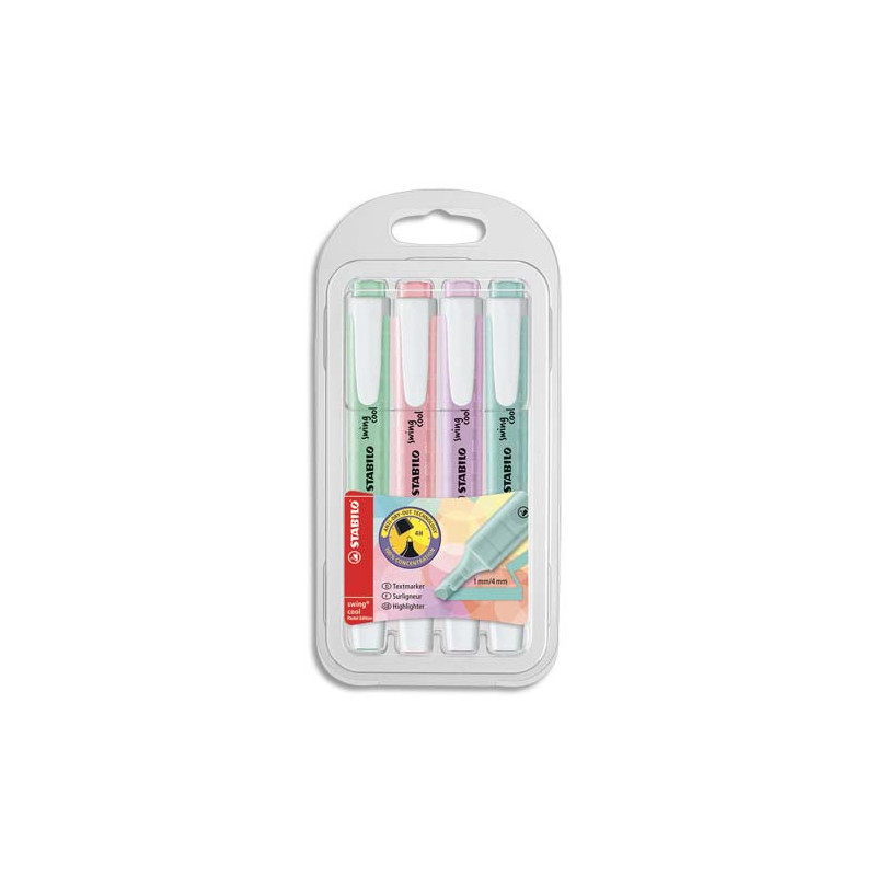 STABILO swing cool Pastel - Pochette de 4 surligneurs pastel - Rose/Lilas/Turquoise/Menthe