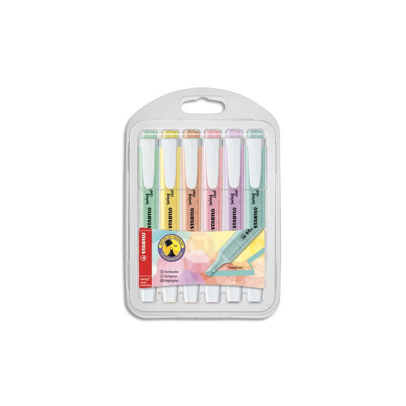 STABILO swing cool Pastel - Pochette de 6 surligneurs pastel - Menthe/Jaune/Pêche/Rose/Lilas/Turquoise