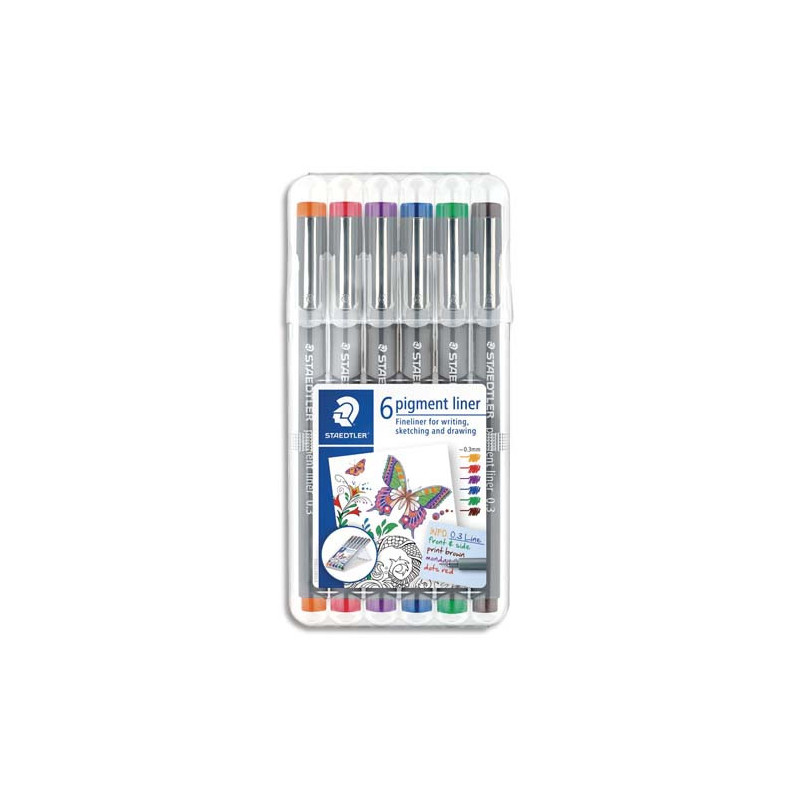 STAEDTLER Etui de 6 feutres pigment liner 308, pointe calibrée baguée métal 0,3 mm. Assortis