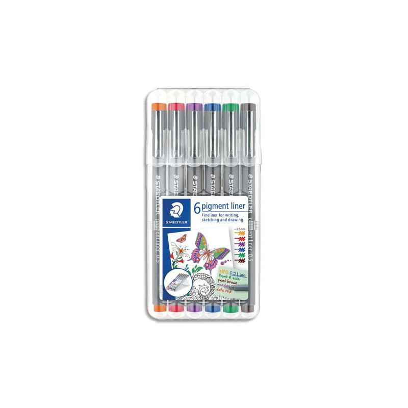 STAEDTLER Etui de 6 feutres pigment liner 308, pointe calibrée baguée métal 0,5 mm. Assortis