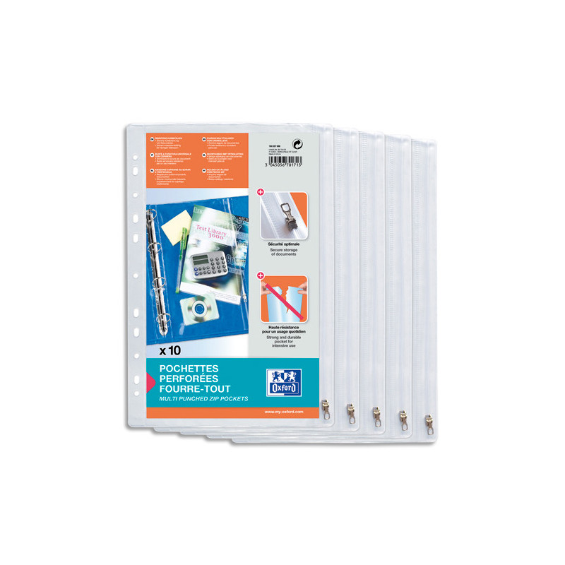 OXFORD Sachet de 10 pochettes perforées à Zip en PVC transparent 14/100e. Format A4,perforation 11 trous.