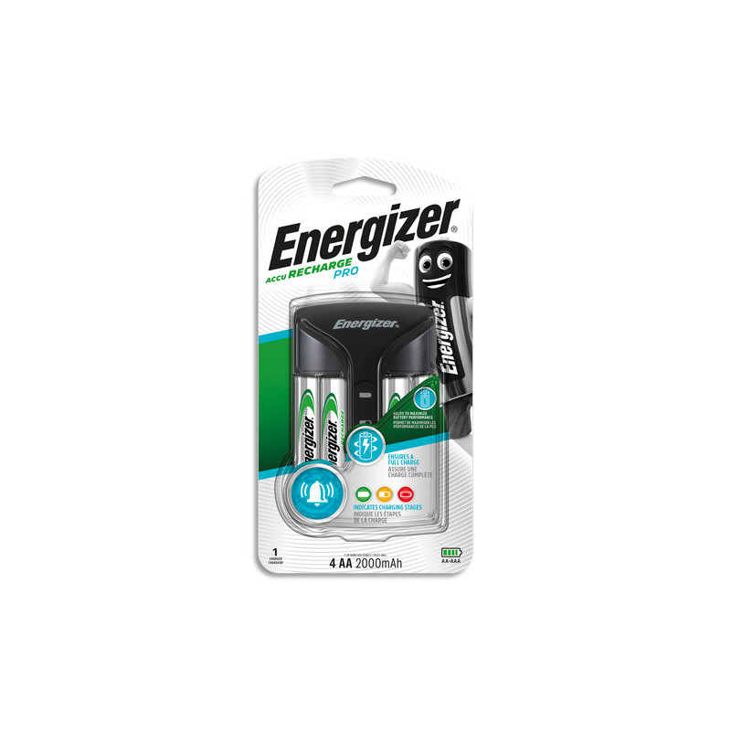 ENERGIZER Chargeur PRO noir rechargeur 2 ou 4 piles AA ou AAA, 2000 mAh, trois indicateurs lumineux