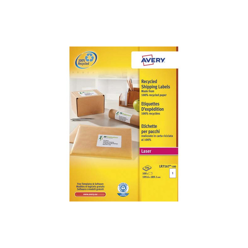 AVERY Boîte de 100 étiquettes adresse Laser recyclées Blanc 199,6 x 289,1 mm LR7167-100