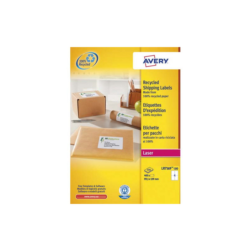 AVERY Boîte de 400 étiquettes adresse Laser recyclées Blanc 99,1 x 139 mm LR7169-100