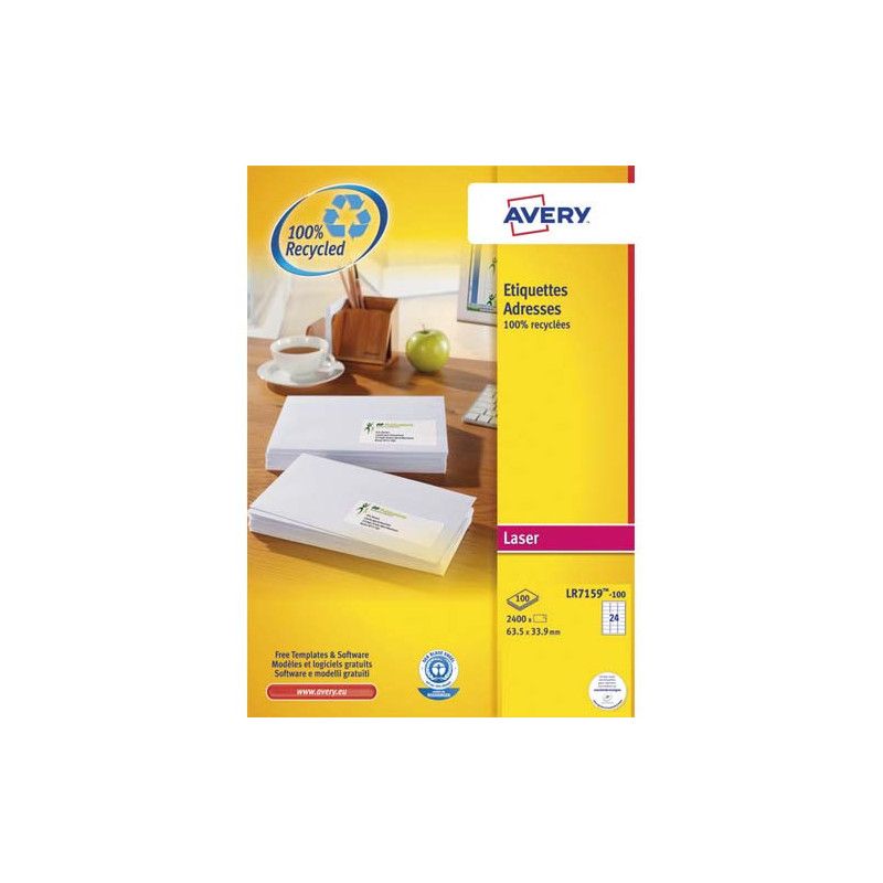 AVERY Boîte de 2400 étiquettes adresse Laser recyclées Blanc 63,5 x 33,9 mm LR7159-100