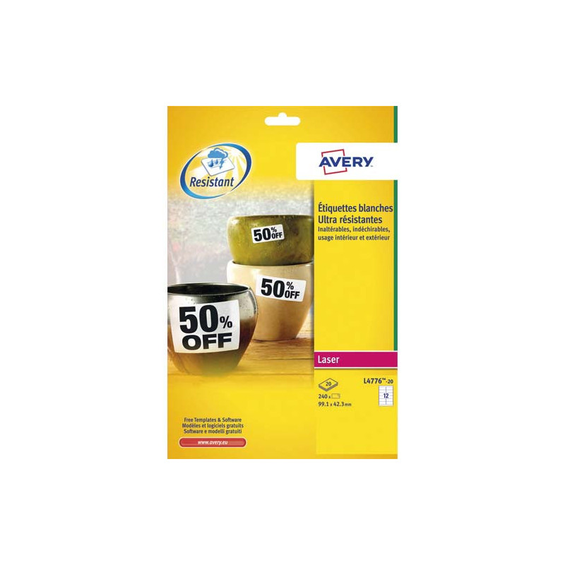 AVERY Boîte de 240 étiquettes Laser inaltérables Blanches 99,1 x 42,3 mm L4776-20