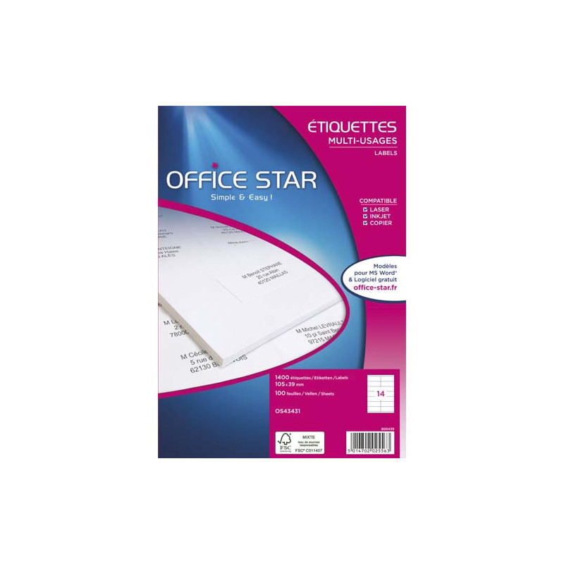 OFFICE STAR Boîte de 1400 étiquettes multi-usage Blanches 99,1 x 38,1 mm OS43437
