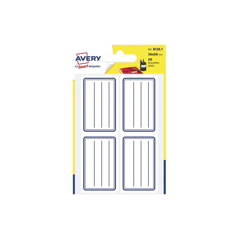 AVERY Sachet de 20 étiquettes scolaires lignées Bleu 36 x 56 mm.