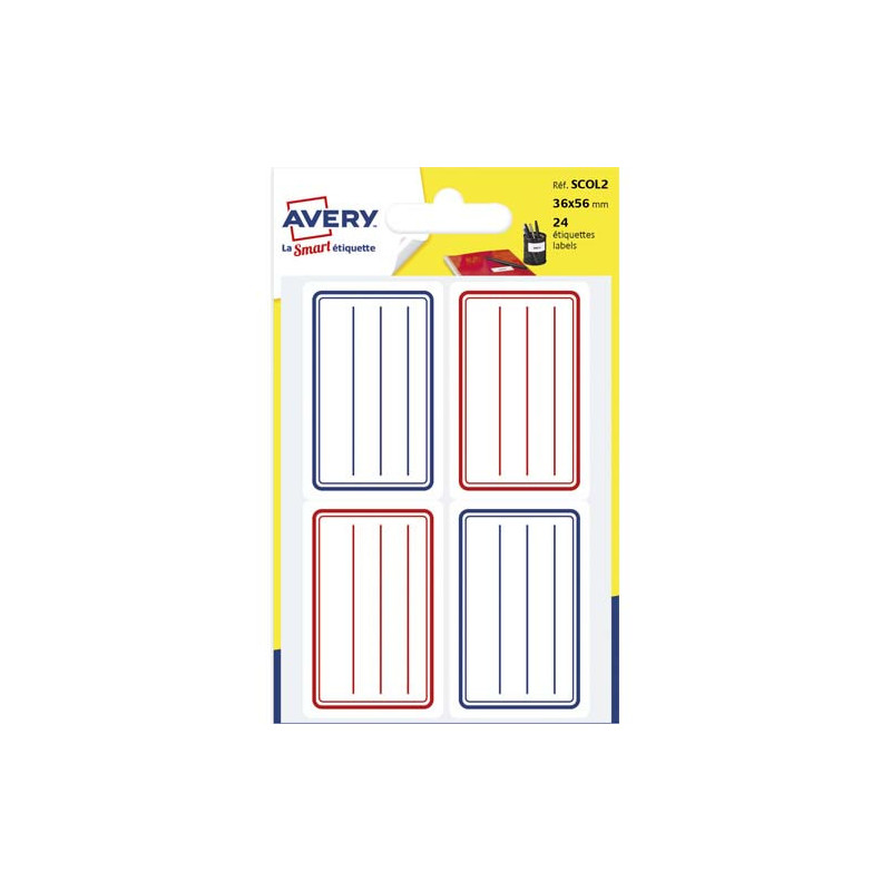 AVERY Sachet de 24 étiquettes scolaires lignées Bleu et Rouge 36 x 56 mm.