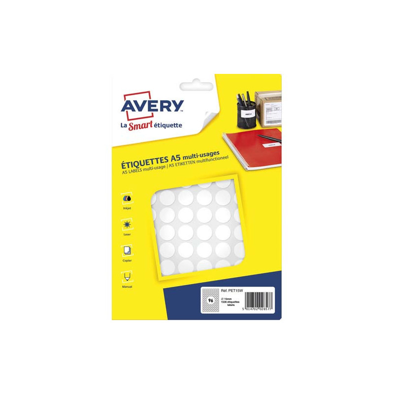 AVERY Sachet de 1536 pastilles Ø15 mm. Imprimables. Coloris Blanc.