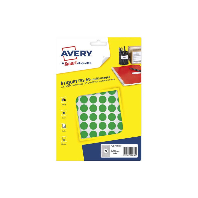 AVERY Sachet de 960 pastilles Ø15 mm. Imprimables. Coloris Vert.