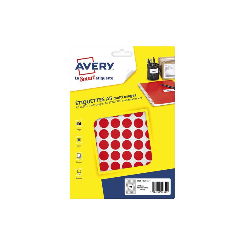 AVERY Sachet de 960 pastilles Ø15 mm. Imprimables. Coloris Rouge.