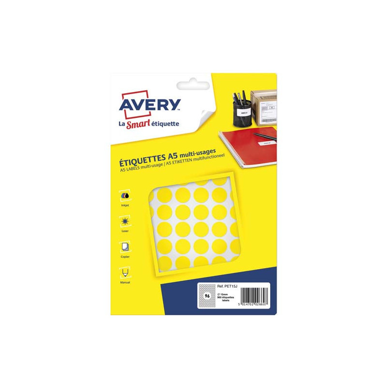 AVERY Sachet de 960 pastilles Ø15 mm. Imprimables. Coloris Jaune.