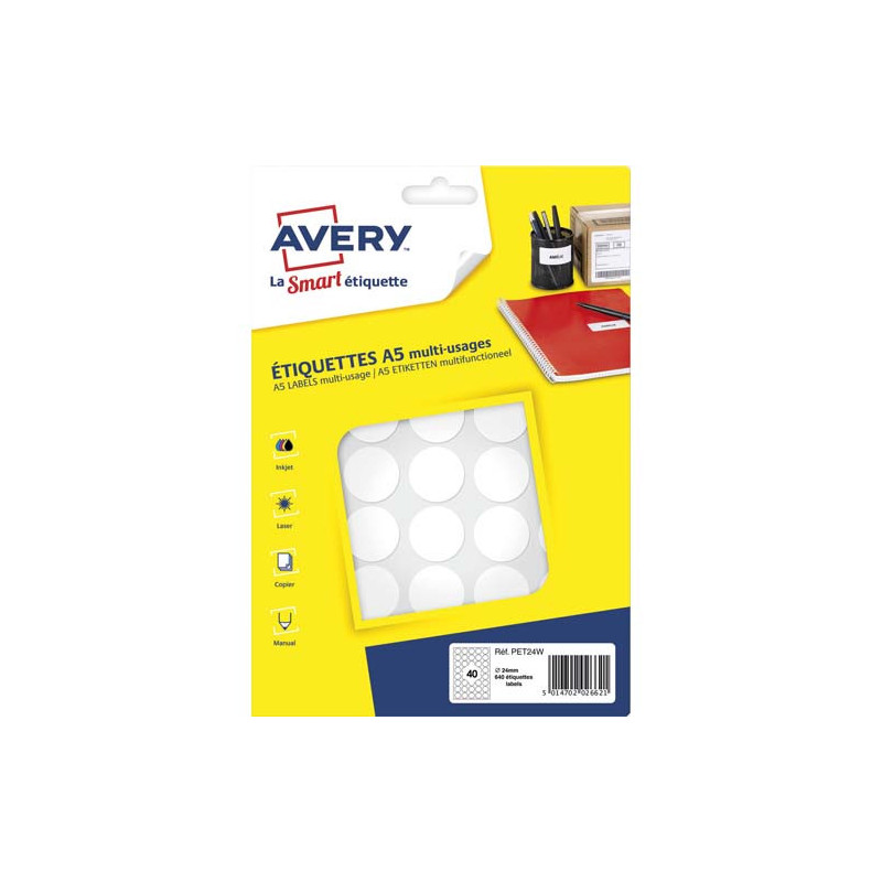 AVERY Sachet de 640 pastilles Ø24 mm. Imprimables. Coloris Blanc.