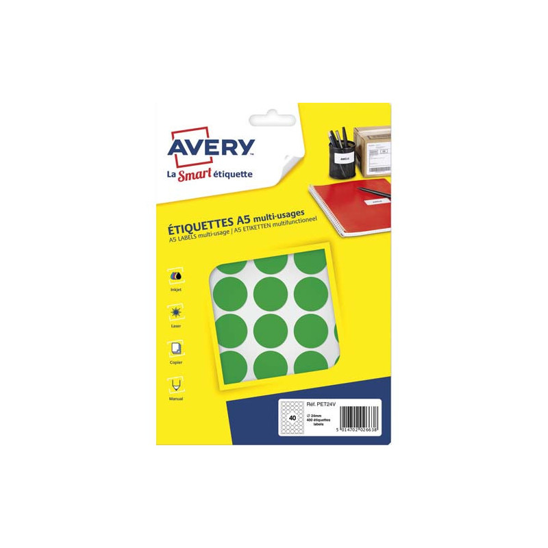 AVERY Sachet de 400 pastilles Ø24 mm. Imprimables. Coloris Vert.