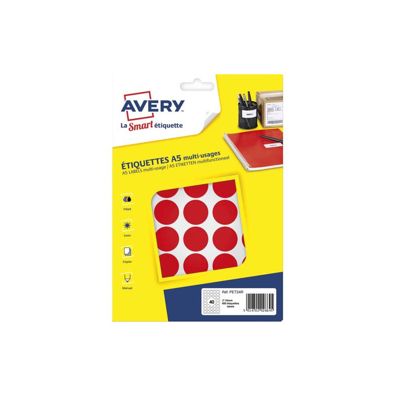 AVERY Sachet de 400 pastilles Ø24 mm. Imprimables. Coloris Rouge.