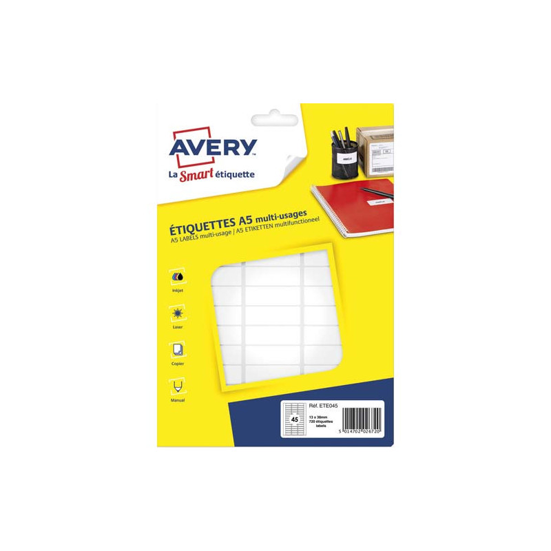 AVERY Sachet de 720 étiquettes multi-usage Blanches 12,8 x 38 mm. Planche format A5. ETE045