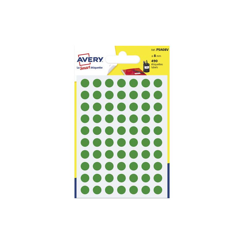 AVERY Sachet de 490 pastilles Ø8 mm. Ecriture manuelle. Coloris Vert.