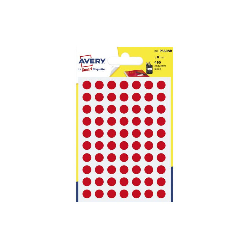 AVERY Sachet de 490 pastilles Ø8 mm. Ecriture manuelle. Coloris Rouge.