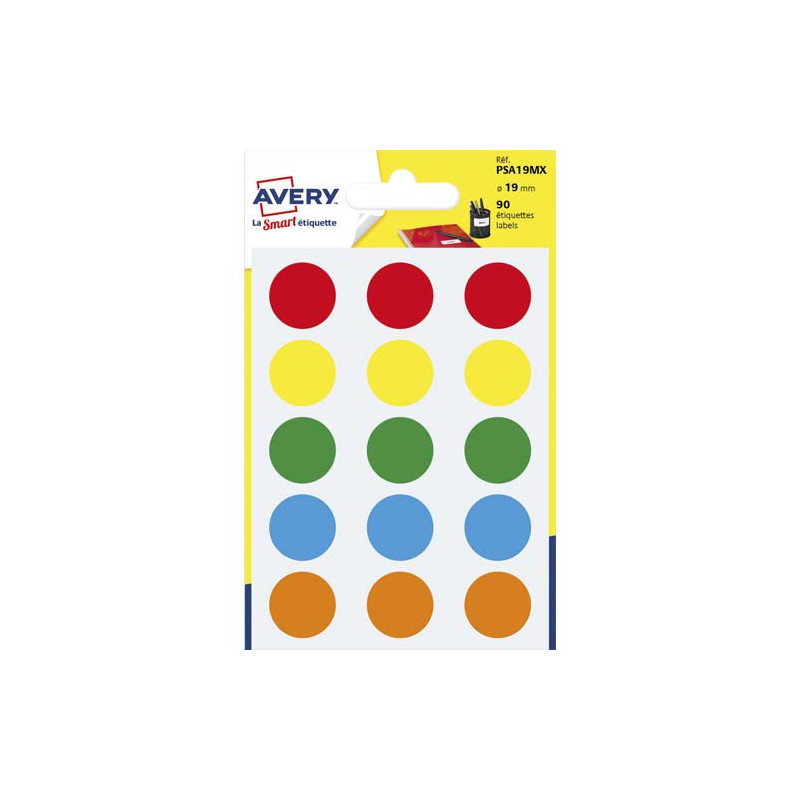 AVERY Sachet de 90 pastilles Ø19 mm. Ecriture manuelle. Coloris assortis.