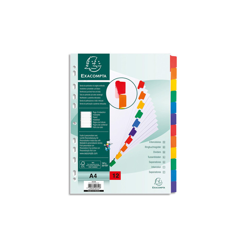 EXACOMPTA Jeu d'intercalaire 12 positions en carte Blanche 170g, onglets Mylar®. Format A4.