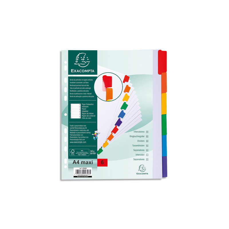 EXACOMPTA Jeu d'intercalaire 6 positions en carte Blanche 170g, onglets Mylar®. Format A4+.