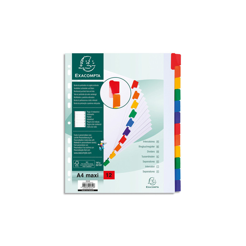 EXACOMPTA Jeu d'intercalaire 12 positions en carte Blanche 170g, onglets Mylar®. Format A4+.