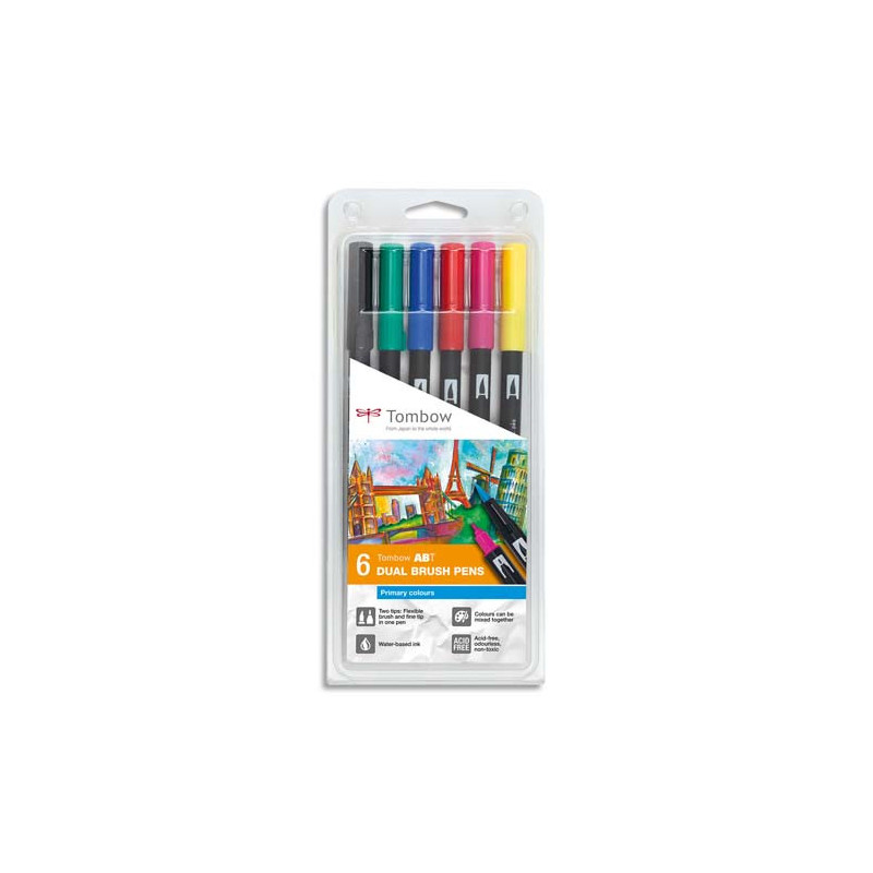 TOMBOW Boîte 6 feutres ABT double pointe (pinceau+fine), assortis couleurs primaires