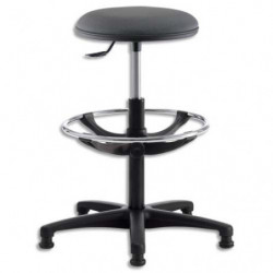 Tabouret grande hauteur vinyle Noir avec repose-pieds en acier chromé sur patins, réglable en hauteur