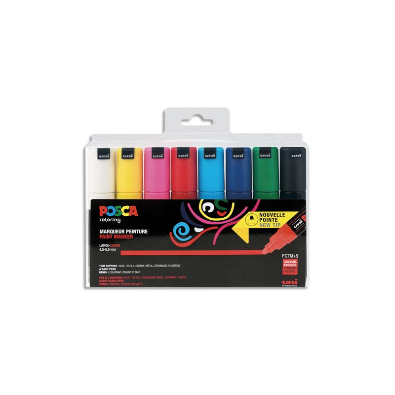 UNI POSCA Pochette 8 marqueurs peinture à eau, pointe large conique PC7M. Assortis