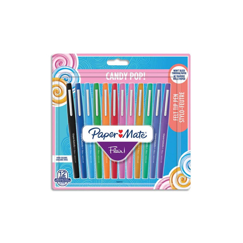 PAPERMATE Pochette de 12 Stylos feutres Flair Original Candy Pop, pointe 0,4mm