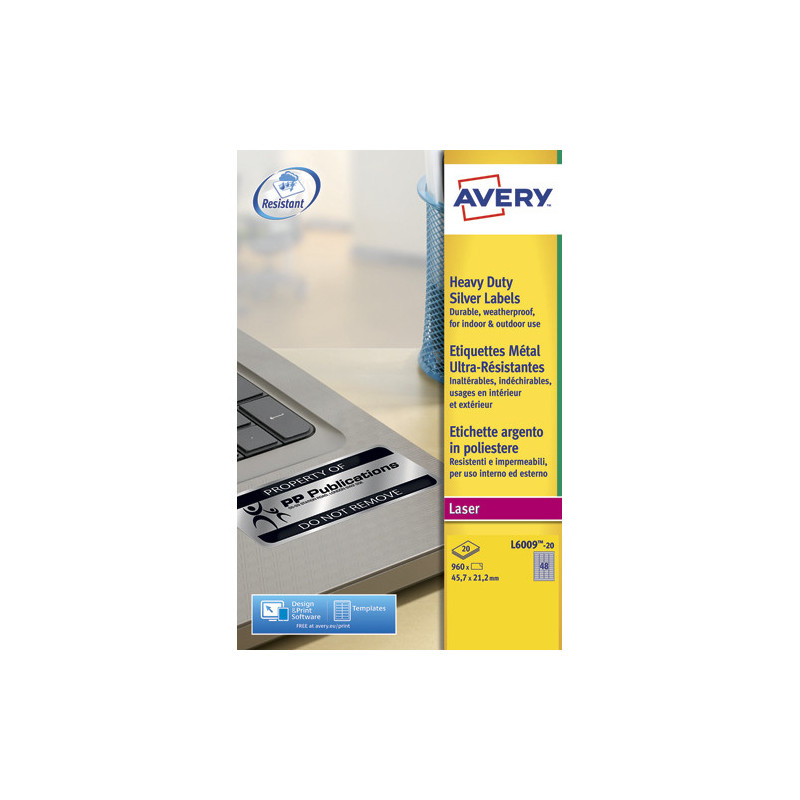 AVERY Boîte de 960 étiquettes métalliques 45,7x21,2 impression Laser L6009-20