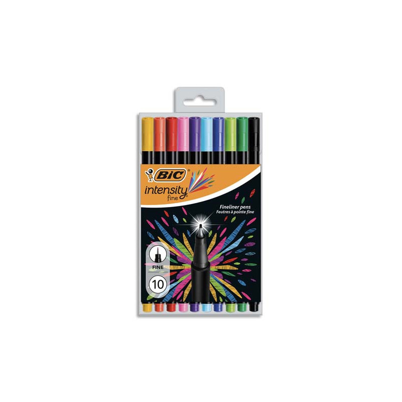 BIC Intensity Stylo Feutre d'écriture Pointe Fine et Corps Noir Verni - Couleurs assorties x10