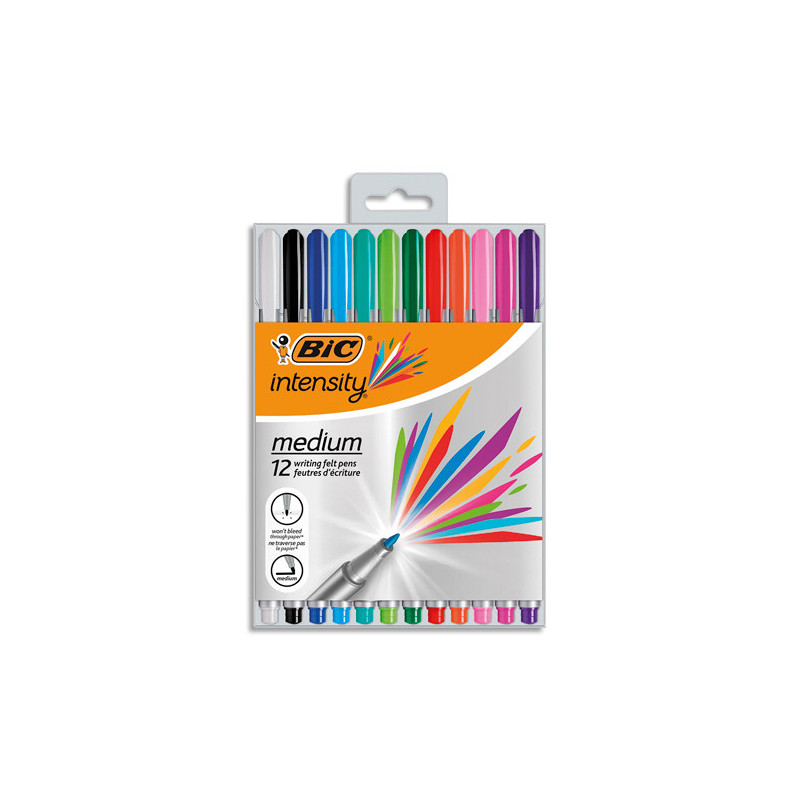 BIC Intensity Stylo Feutre d'écriture Pointe Medium et Corps métallisé - Assortis, Pochette de 12