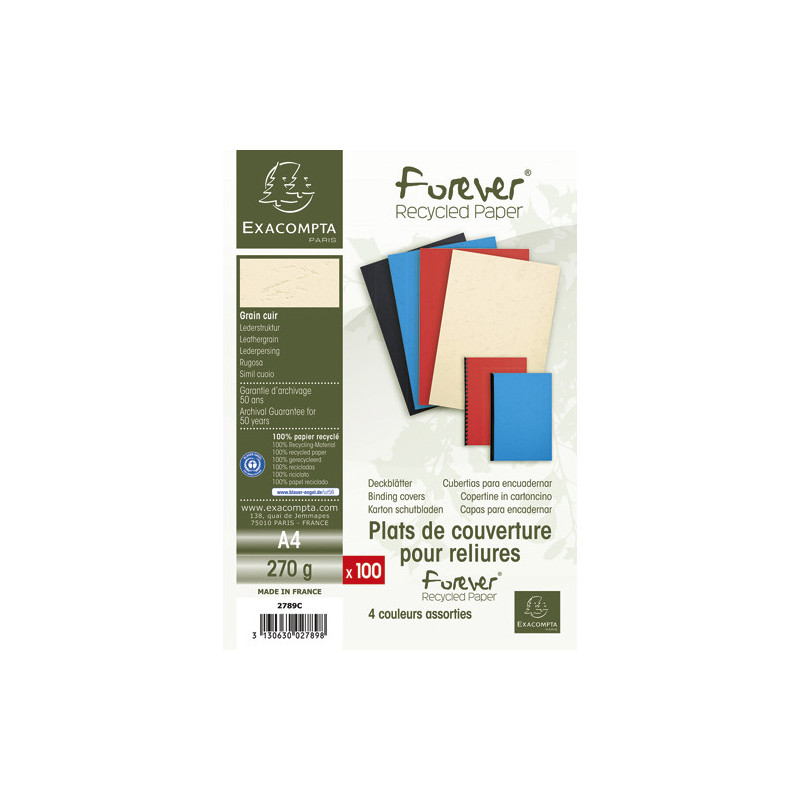 EXACOMPTA Paquet 100 plat couverture FOREVER,grain cuir,270g,ange Bleu,ass:25bl/25nr/25iv/25rge A4 2789C