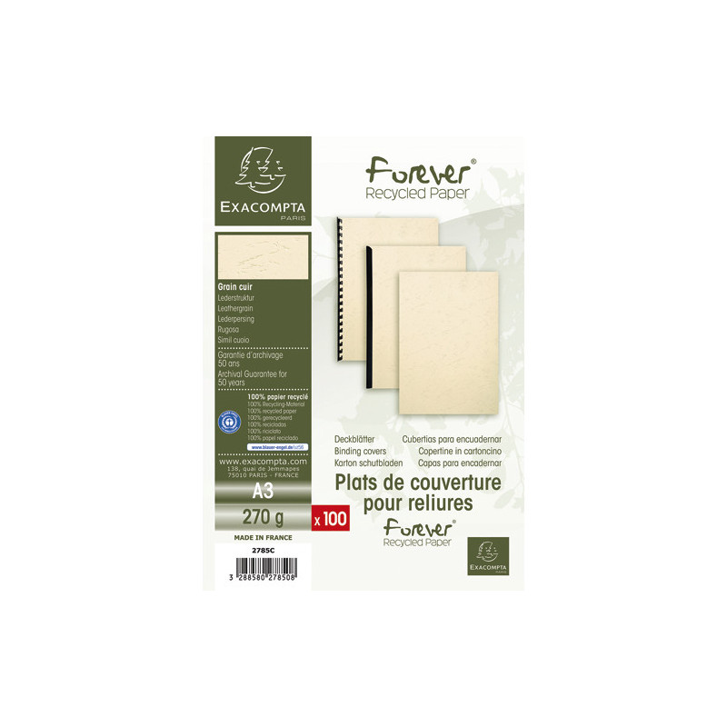 EXACOMPTA Paquet 100 plat couverture FOREVER rigide,grain cuir,270 g, certifié ange Bleu, Ivoire A3 2785C