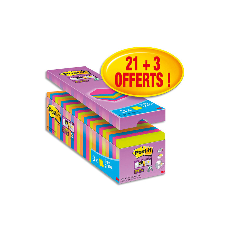 POST-IT Pack de 24 blocs Super Sticky dont 3 offerts 76 x 76 mm. Couleurs assorties.