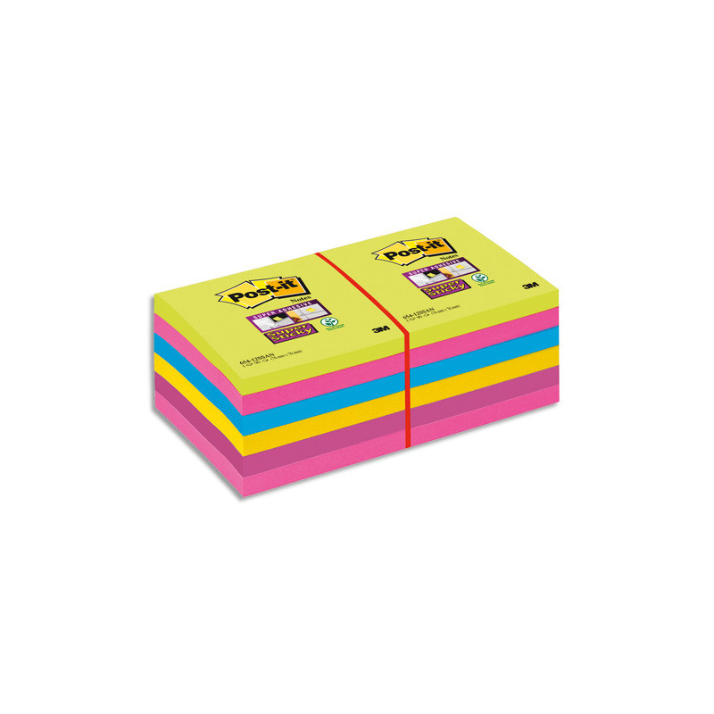 POST-IT Lot de 12 blocs Super Sticky 76 x 76 mm 90 feuilles. Couleurs assorties.