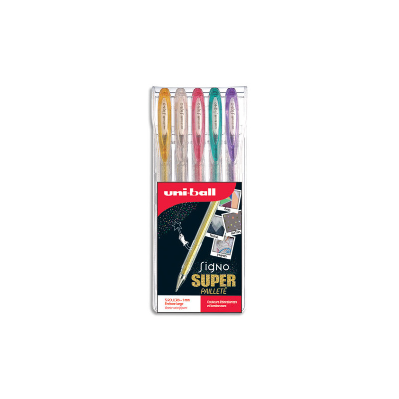UNI-BALL Pochette de 5 stylos bille à encre gel Electrics, couleurs pailletées assorties UM120SP-5