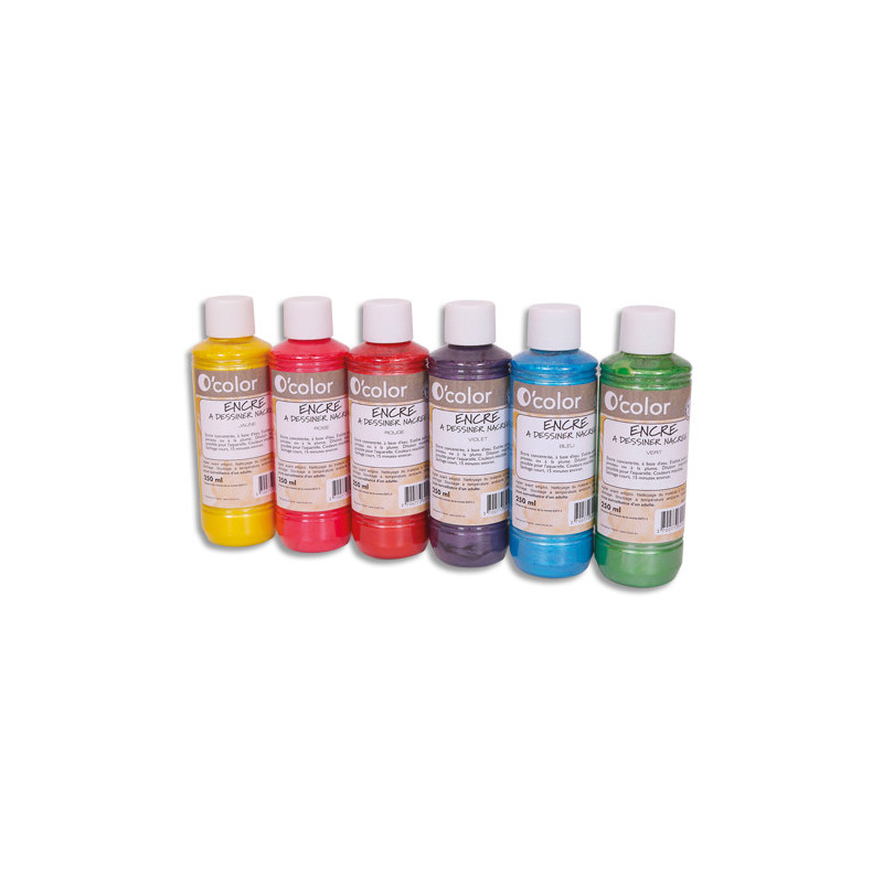 O COLOR Lot de 6 flacons 250ml d'encre à dessiner nacrée, couleurs assorties