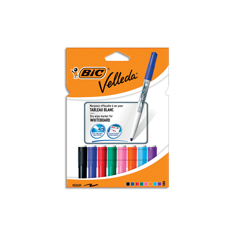 BIC Velleda 1741 Feutres pour Tableau Blanc Effaçables à Sec, Pte Conique Moy - Assortis, Etui Cartn de 8