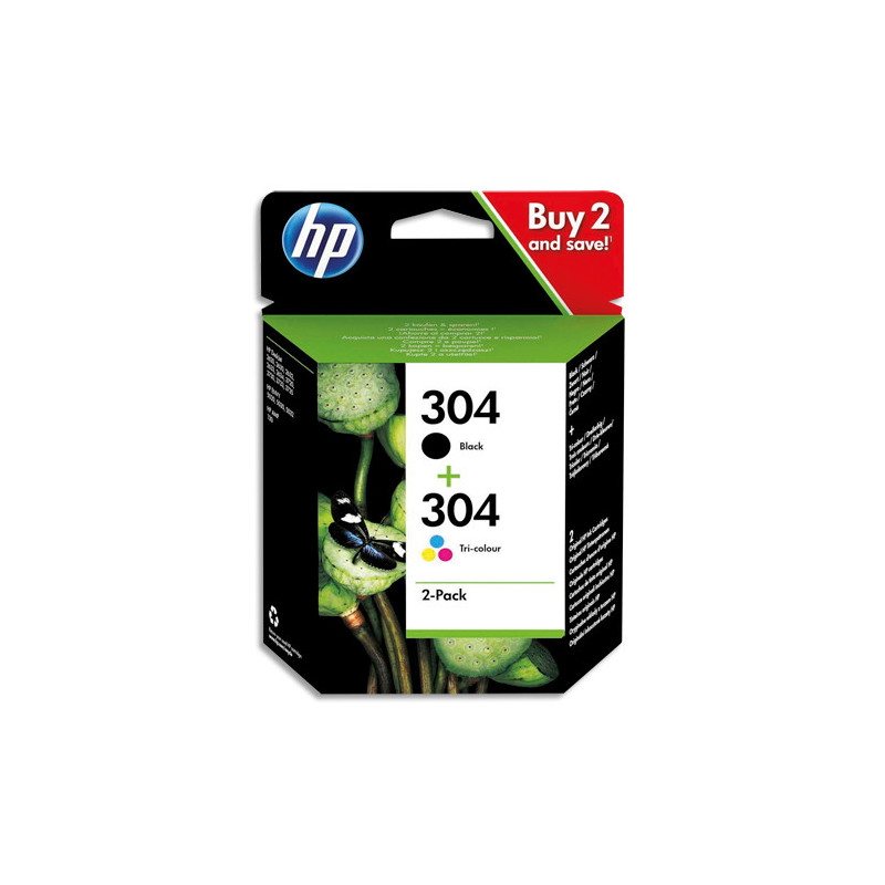 HP 304 Pack de 2 Cartouches d'Encre Noire et Trois Couleurs Authentiques (3JB05AE)