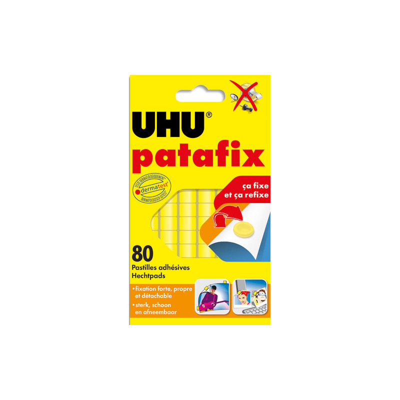 UHU Etui de 6 bandes prédécoupées de 80 pastilles Patafix Jaune. Repositionnable à volonté.