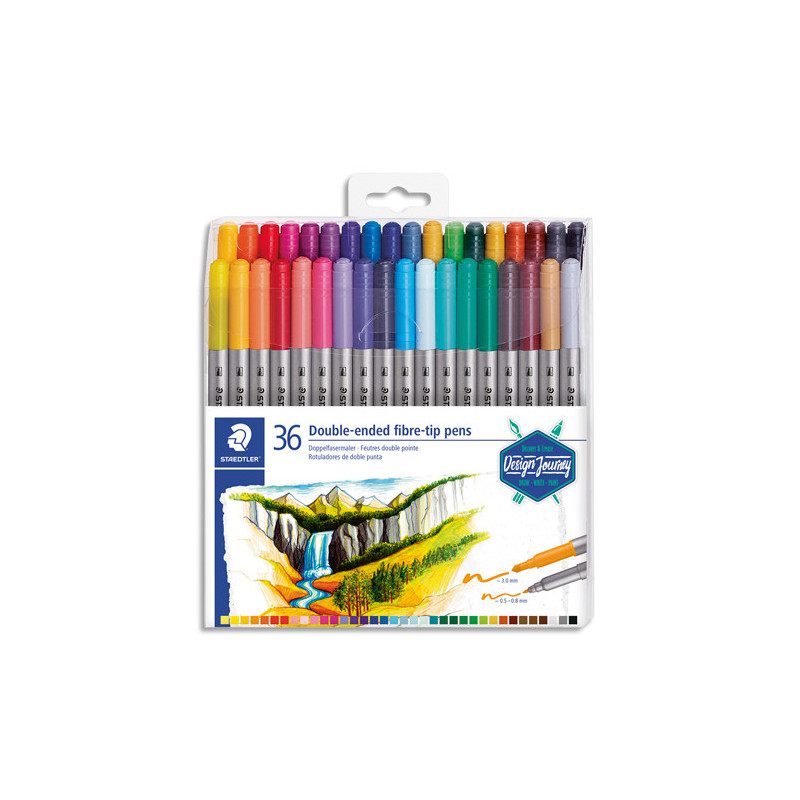 STAEDTLER Set 36 Feutres de coloriage double pointe fine 0,5 à 0,8mm et large 3mm, à base d'eau, assortis